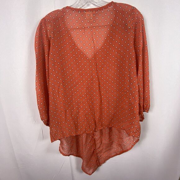 Sheer Women’s Orange Blouse Button Down White Polka Dots Sz XL  Boho Whimsical - Picture 7 of 10